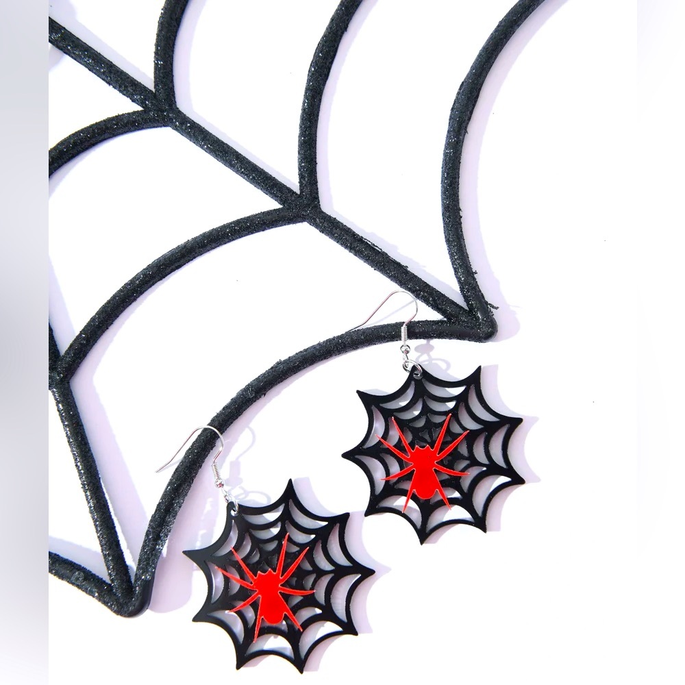 Red and Black Spiderweb Drop Earrings